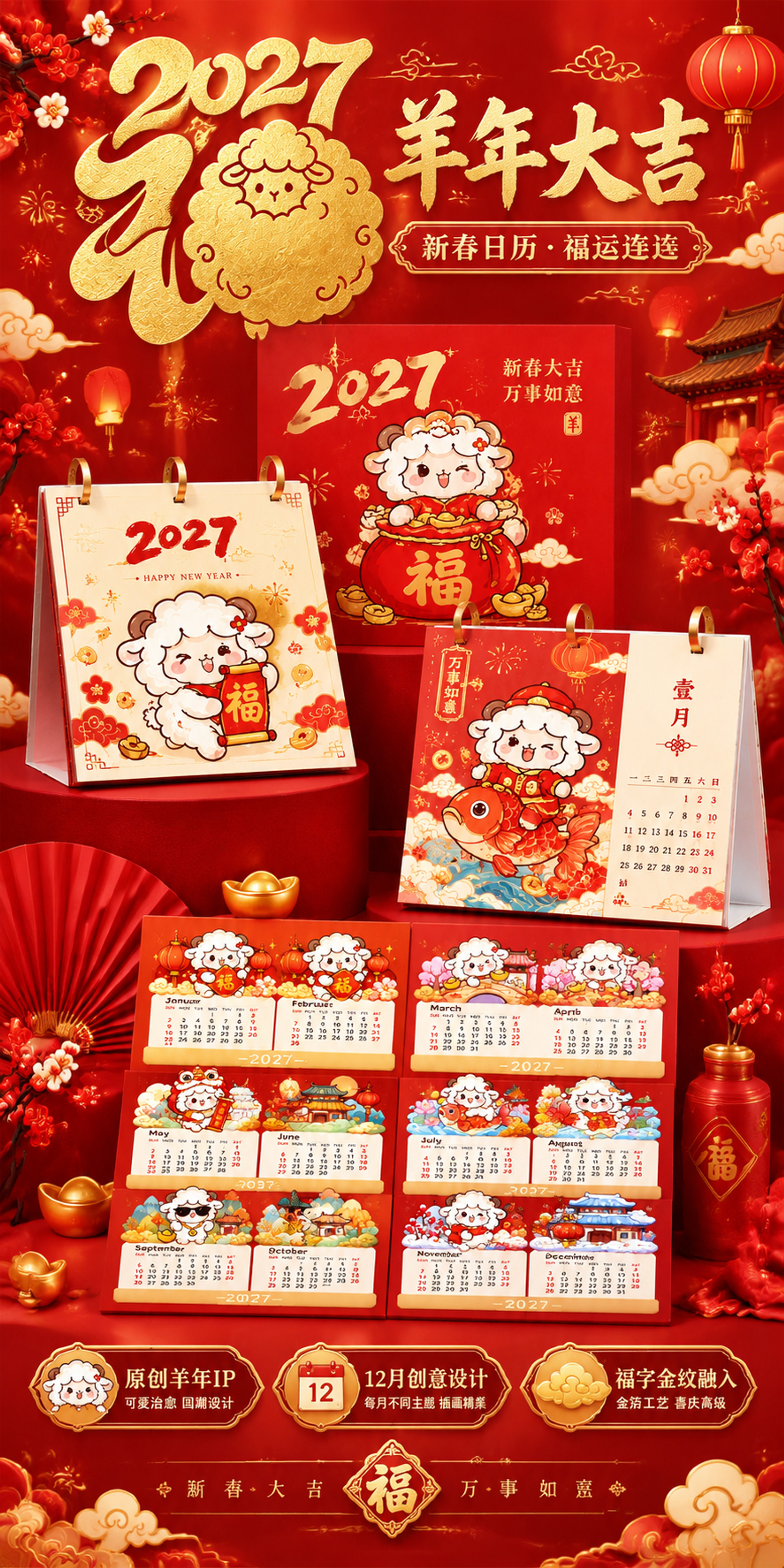 2027羊年日历主题展板设计，竖版2:1比例，国潮喜庆风格，红… - 图片创意预览