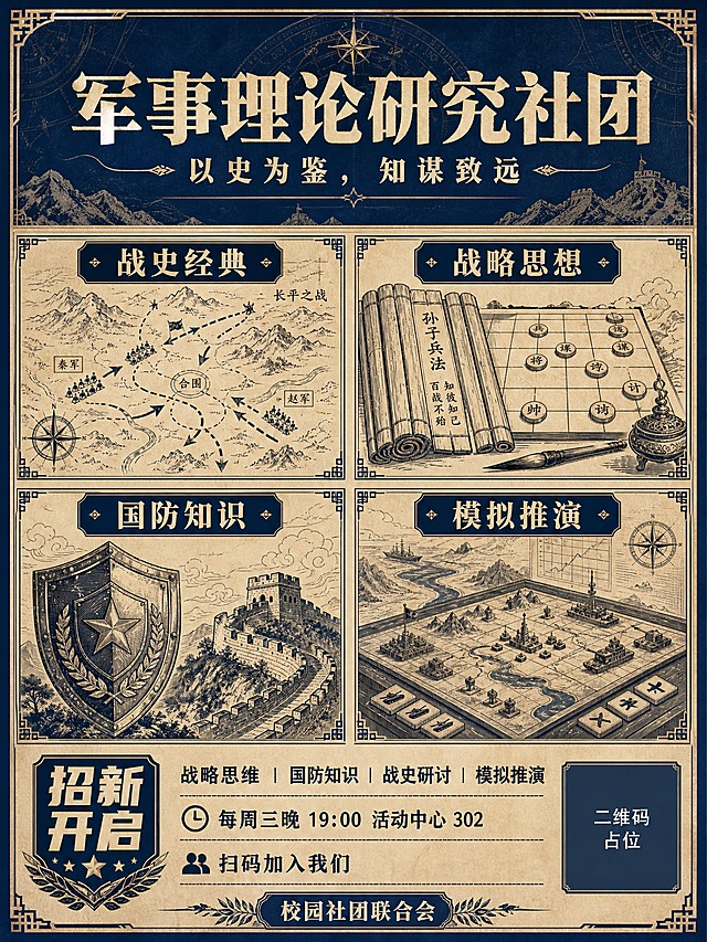 一张竖版学术社团招新海报，深蓝复古风格，田字格四分区布局。

整体结构：
- 顶部：大标题区，主标题"军事理论研究社团"，副标题"以史为鉴，知谋致远"，字体厚重有力
- 中部：田字格四等分区，每个区块有独立标题和装饰性插图
  - 左上区块：标题"战史经典"，配复古战役地图线条插图
  - 右上区块：标题"战略思想"，配兵法竹简/棋盘策略插图
  - 左下区块：标题"国防知识"，配盾牌/长城剪影插图
  - 右下区块：标题"模拟推演"，配作战沙盘/兵棋插图
- 底部：招新信息区
  - 标签"招新开启"
  - 文字"战略思维 | 国防知识 | 战史研讨 | 模拟推演"
  - 文字"每周三晚 19:00 活动中心 302"
  - 文字"扫码加入我们"
  - 落款"校园社团联合会"
  - 二维码区域使用纯色方块占位符，中央标注"二维码占位"文字，严禁生成可识别二维码图案

风格要求：
- 深蓝主色调，搭配米白/古纸色背景，复古学术风
- 每个田字区块有细边框装饰，区块内有相关主题的线稿风格插图
- 整体细节丰富：地图纹理、罗盘刻度装饰、复古纸张质感
- 排版精美，层级分明，军事学术氛围浓厚
- 画面干净无水印

数字精确约束：画面中"19:00"、"302"等数字必须精确渲染，不得错位、遗漏或编造

内容填充约束：画面中所有信息区域必须填充完整合理的内容，不得出现空白框、空白占位、横线待填写区域