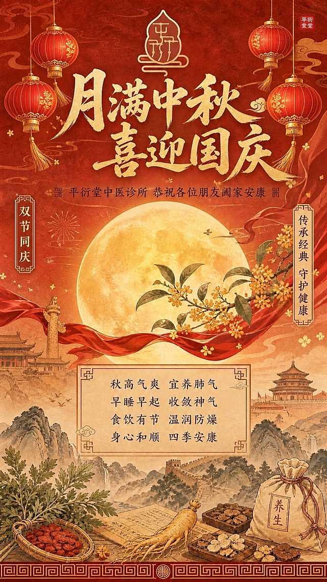在这张中秋国庆中医祝福海报的基础上，添加传统中式红灯笼元素。在画面顶部左右两侧各悬挂1-2盏红色的中式圆形灯笼，灯笼带有金色流苏和花纹装饰，随风轻轻摇曳，与整体国风红金配色协调统一。灯笼位置在画面上方的祥云之间，不要遮挡主标题和LOGO，保持画面整体平衡和节日喜庆氛围。其余画面元素、文案内容、构图布局和风格全部保持不变。