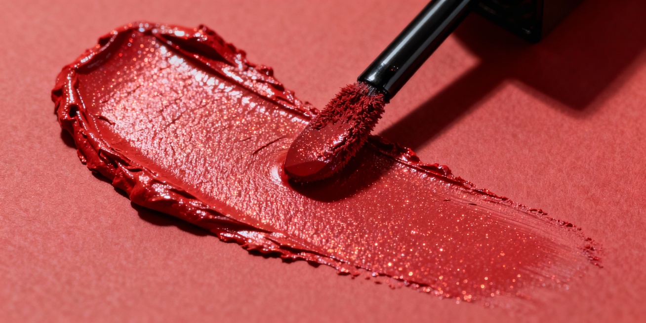 特写镜头下的口红膏体，质地细腻带有微闪光泽，膏体表面有自然的涂抹纹理，黑色刮刀部分沾有膏体，光影高级，明暗对比强烈，背景为同色系哑光质感，整体色调为暖红色预览效果
