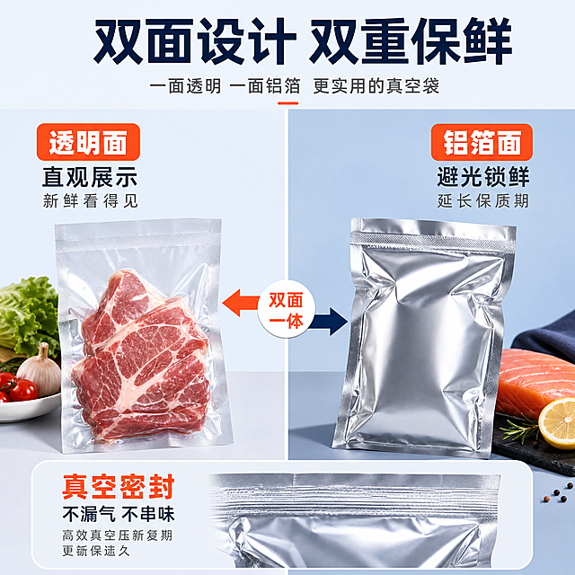 [主图-2] 核心卖点效果证明图，展示阴阳双面设计的实用价值与密封保鲜效果。
[统一基调] 整体风格洁净专业、实用品质感；背景主色为浅灰蓝渐变，干净通透；标题字色为深海军蓝，辅助字色为中灰色，强调色为橙红色；字体为无衬线粗体，字号层级分明；卡片与图标采用圆角简约样式。
[画面] 采用左右分栏对比构图；左侧展示透明面真空袋，袋内装有新鲜肉类/熟食，透过透明层清晰可见食材新鲜色泽，标注"透明面 直观展示 新鲜看得见"；右侧展示铝箔面真空袋，袋身呈现银色金属质感，标注"铝箔面 避光锁鲜 延长保质期"；中间用箭头或分隔线体现双面一体设计；下方补充真空密封状态特写，展示袋口紧密压合的封边细节；产品占画面约70%。
[光影质感] 影棚柔光，左右均匀布光；透明面突出清透感与内部食物的真实质感，铝箔面突出金属反光与避光属性；封边处有局部高光，体现密封紧密。
[配色] 背景浅灰蓝，左右两区背景色略有深浅区分，左侧偏亮突出透明感，右侧偏深突出铝箔质感；标题深海军蓝，强调色橙红。
[文字版式] 顶部居中大标题"双面设计 双重保鲜"；左右两侧各有竖排或横排的卖点说明文字；底部有"真空密封 不漏气 不串味"辅助文案；字体统一无衬线粗体，文字放在负空间不遮挡主体。
[输出要求] 比例1:1，2048x2048，2K分辨率；文字清晰可读，产品清晰锐利；禁止变形、错字、模糊、杂乱、水印、平台Logo、悬浮穿模。
