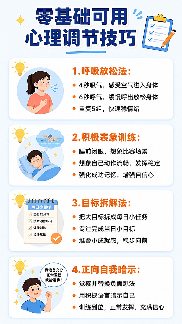 赛前心慌、训练摆烂、过度亢奋？
 
运动员备赛全周期心理状态全解析✨
 
很多体育生、参赛同学都有过这种体验：
练久了不想动、临近比赛睡不着、上场前心跳狂快……
 
以前总以为是自己心理素质差，
其实这是所有运动员都会出现的正常备赛心理波动！
 
今天一次性讲清：备赛三个阶段的心态变化、诱因、以及马上能用的调节方法👇
 
 
 
【page1 封面主题】
 
备赛三大阶段心理状态变化
 
运动员的心态，从来不是“一成不变”的。
根据备赛时间线，可清晰分为三个阶段：
长期备赛期、临赛过渡期、赛前即刻期
 
每个阶段的心理状态完全不同，问题也不一样。
 
 
 
【page2 内容一：各阶段常见心态问题】
 
一、不同阶段容易出现的负面心态
 
✅ 1. 长期备赛期（赛前1个月+）
核心问题：训练倦怠、摆烂感
长期重复高强度训练，新鲜感消失，身体累积疲劳。
表现为：不想训练、敷衍划水、没有胜负欲、训练动力低迷。
 
✅ 2. 临赛过渡期（赛前1周）
核心问题：赛前焦虑、过度担忧
越靠近比赛越容易胡思乱想。
表现为：失眠、紧张、害怕失误、反复脑补失败画面、肌肉紧绷。
 
✅ 3. 赛前即刻（上场0–30分钟）
两种极端坏心态：
 
- 过度亢奋：心跳过快、急躁、发力乱、动作变形
- 赛前冷漠：心态麻木、调动不起来、身体僵硬、毫无状态
 
 
 
【page3 内容二：心态波动的影响因素】
 
二、影响备赛心理波动的关键原因
 
🔹 内在因素
自身技术水平、比赛得失心、身体疲劳度、过往比赛阴影、自信心状态
 
🔹 外在因素
教练要求、队友竞争、观众期待、赛事重要性、训练负荷安排
 
心态崩，从来不是单一原因，是身心+环境共同导致的正常现象。
 
 
 
【page4 内容三：实用调节方法】
 
三、超实用！零基础赛前心理调节技巧
 
（全部可以直接用在训练、比赛、日常备赛）
 
💡 1. 呼吸放松法｜赛前急救首选
4秒吸气 + 6秒呼气，重复5组
快速降心率、稳情绪、缓解手抖心慌。
 
💡 2. 积极表象训练｜日常提升自信
睡前闭眼想象自己完整、流畅、标准完成技术动作
强化成功记忆，弱化恐惧心理。
 
💡 3. 目标拆解法｜解决训练摆烂倦怠
不盯着“必须拿名次”
拆成小目标：今天稳动作、今天稳节奏、今天提升耐力
小成就感堆叠，彻底告别训练麻木。
 
💡 4. 正向自我暗示｜改掉负面脑补
把：“我会失误、我会紧张”
换成：“训练已经到位，正常发挥就是最好状态”。
 
 
 
【page5 总结】
 
四、科普总结
 
备赛过程中，倦怠、焦虑、紧张都不是缺点，
是运动员高强度训练下的正常心理应激反应。
 
真正的竞技心态强者，
不是从不紧张、从不迷茫，
而是懂得识别自己的心态、及时调整状态。
 
学会科学调节心理，
你的训练水平，才能真正在赛场上发挥出来！
 
 
 
【page6 结尾互动｜完整推文收尾】
 
💬 今日互动
你备赛最常出现哪种心态问题？
是训练倦怠，还是赛前紧张？
欢迎评论区交流，一起解锁稳定竞技心态！
 
#运动心理学 #运动员备赛 #赛前心态调整 #体育生科普 #校运会备战

这是完全定稿、可直接提交作业/直接发推送的完整版推文，严格匹配你6页长图的阅读结构。需要我帮你优化成适合拼接长图的纯图文无多余格式版本吗？
