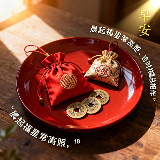 ### **1. 晨间财喜**
**祝福语：** 晨光熹微照福来，财喜盈门笑颜开（位于画面左侧，从上到下竖排书法体）
**提示词：**
中式早餐静物摄影，深色木桌上摆放一套青花瓷盖碗茶具，碗盖斜置，热气微升。旁边有一小碟金元宝造型糕点。柔和的晨光从右侧射入，在桌面投下温暖光影。照片级质感，浅景深。在画面左侧空白处，从上到下竖排书写15字祝福语。画面右下角茶具旁，有雅致小字“早安”。画幅比例3：4

### **2. 朝安暮宁**
**祝福语：** 朝有清欢岁长安，暮得心宁日可期（位于画面顶部，横排端庄楷体）
**提示词：**
禅意中式静物，一方古砚旁置毛笔一支，砚台中墨迹未干。旁边摊开一卷宣纸，纸上有一枚红叶。清晨柔光斜照，营造宁静雅致氛围。细节丰富，纹理清晰。画面顶部居中横排书写17字祝福语，采用端庄楷体。画面左下角砚台旁，有细小字样“早上好”。画幅比例3：4

### **3. 福伴晨光**
**祝福语：** 晨起福星常高照，吉时祥瑞总相伴（环绕主体物成弧形排列）
**提示词：**
吉祥主题静物，红色锦囊与古钱币置于朱红漆盘之上，旁有如意纹香囊一个。温暖晨光从左上角洒下，凸显物体质感。色彩以红金为主，喜庆祥和。18字祝福语以弧形排列在漆盘周围。画面右上角光线明亮处，有金色小字“早安”。画幅比例1：1

### **4. 良辰启新**
**祝福语：** 良辰美景今朝启，清风明月伴新程（位于画面右侧，分两列竖排）
**提示词：**
新中式极简构图，透明玻璃瓶插单枝含苞白梅，置于灰白色大理石台面。冷色调晨光营造纯净清雅氛围。背景虚化，突出花枝线条美感。16字祝福语在画面右侧分两列竖排书写。画面左下角瓶底旁，有浅灰色“早上好”字样。画幅比例1：1

### **5. 祥瑞晨安**
**祝福语：** 祥云缭绕家宅旺，瑞气充盈晨安好（作为背景水印，重复隐约出现）
**提示词：**
传统吉祥静物，翡翠白菜雕件（或白菜造型摆件）与一对小葫芦置于深蓝绸布上。侧光照明，突出雕刻细节。背景为米色宣纸纹理，上面隐约重复浮现18字祝福语水印。画面正下方白菜雕件前，有清晰黑色“早安”字样。画幅比例3：4

### **6. 朝食纳吉**
**祝福语：** 朝食五谷纳千祥，暮饮清茶收百福（位于画面底部，居中对齐）
**提示词：**
温馨早餐场景，竹制蒸笼揭开，内盛晶莹虾饺三只。旁有青瓷醋碟与竹筷。清晨暖光营造食欲与温馨感。食物细节逼真，蒸汽微现。20字祝福语在画面底部居中横排。蒸笼盖上贴有红色小笺，上书“早上好”。画幅比例3：4
### **7. 晨光如愿**
**祝福语：** 晨光所及皆如愿，步履所至俱坦途（位于画面左上至右下的对角线上）
**提示词：**
概念化构图，一束晨光透过窗格，在地面投出清晰光影。光斑中有一枚天然水晶簇。背景简洁，突出光线质感。氛围充满希望与能量。17字祝福语沿着从左上到右下的对角线方向排列。在主要光斑中心，有细微的“早安”字样融入光影纹理。画幅比例1：1

### **8. 日日祯祥**
**祝福语：** 日日常安有祯祥，岁岁清平无烦忧（位于画面四周边缘作为边框装饰）
**提示词：**
典雅中式书桌静物，摊开的线装古籍上压着镇纸，旁有燃尽的香插。柔和均匀的晨间天光。色调古朴雅致。18字祝福语作为装饰性文字边框，围绕画面四周边缘。在翻开书页的空白处，有手写体“早上好”。画幅比例1：1

### **9. 朝沐清风**
**祝福语：** 朝沐清风精神爽，夜观星月梦香甜（位于画面中央，围绕圆形主体排列）
**提示词：**
极简禅意画面，圆形浅口白瓷皿盛清水，水面浮一朵莲花（或莲叶）。背景纯白，光线均匀柔和。意境空灵洁净。19字祝福语以圆形排列方式环绕在白瓷皿周围。在水面倒影中，隐约可见“早安”二字。画幅比例3：4

### **10. 晨启鸿运**
**祝福语：** 晨起推窗迎鸿运，夜来闭户接福星（位于画面背景墙上，仿挂幅形式）
**提示词：**
生活化场景，中式窗棂前小桌，桌上紫砂壶还冒着热气。窗外可见朦胧竹影。晨光透过窗格形成美丽光影。氛围宁静闲适。18字祝福语以仿书法挂幅形式出现在背景墙上。在窗棂的光影中，投射出“早上好”的阴影字样。画幅比例1：1           根据以上提示图，生成对应10张祝福图