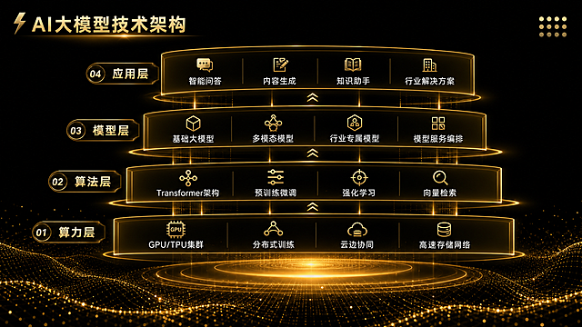 生成一张黑金科技风格的PPT页面，主题为AI大模型技术架构，保持和参考图一致的黑底金色粒子效果，整体大气商务，包含算力层、算法层、模型层、应用层四个模块，每个模块列举3-4个核心要点，排版清晰，金色发光效果，保留底部金色粒子光效装饰，分辨率2K，适合PPT使用