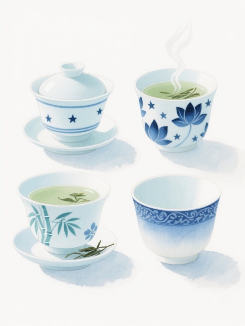 淡雅清新的水彩风格插画，四个不同样式的茶杯组合，主色调为柔和的浅蓝色与白色，点缀淡青色竹叶与深蓝色花卉图案，每个茶杯配有对应的茶托和茶盖，茶杯内盛有浅绿色茶汤并漂浮着几缕茶叶，袅袅白色热气轻盈上升，整体光影柔和，高光细腻，阴影自然过渡，构图采用对称美学，画面纯净留白，营造宁静雅致的氛围，茶杯样式分别为：1. 杯身带水平蓝色条纹配星星图案；2. 杯身布满深蓝色莲花与星星纹样；3. 简约纯色渐变蓝……预览效果