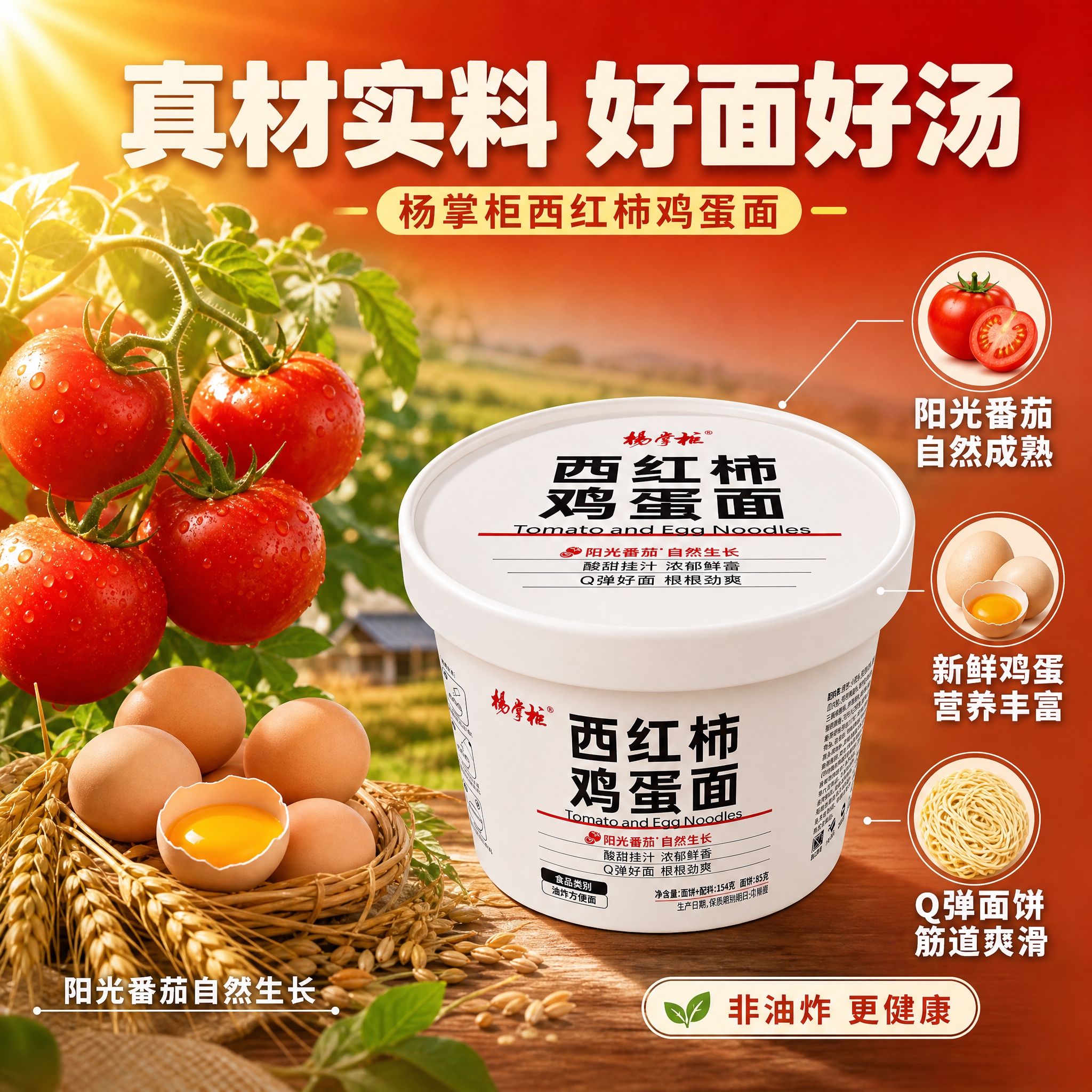 [主图-2] 核心亮点与原料溯源主题。展示杨掌柜西红柿鸡蛋面的… - 图片创意预览