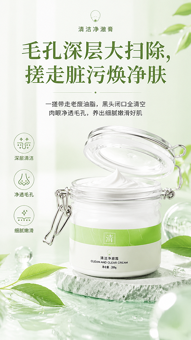清洁净澈膏产品宣传海报，浅清新绿色调美妆产品海报，展示罐装清洁净澈膏，主文案"毛孔深层大扫除，搓走脏污焕净肤"，副文案"一搓带走老废油脂，黑头闭口全清空 肉眼净透毛孔，养出细腻嫩滑好肌"，简约干净的美妆护肤风格，9:16竖版构图