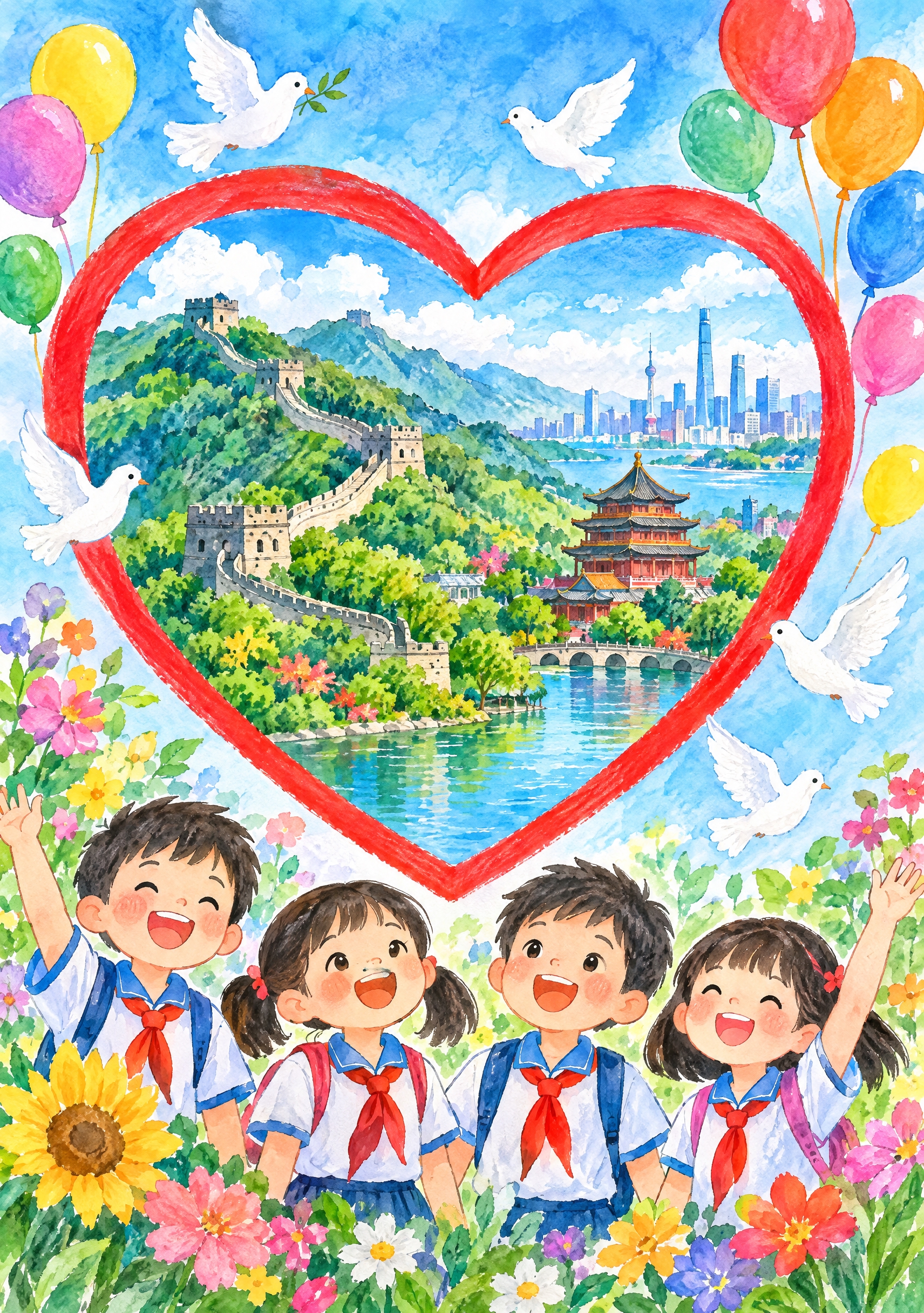 一幅儿童手绘风格的绘画作品。画面中央是一颗大大的红色爱心，爱心… - 图片创意预览