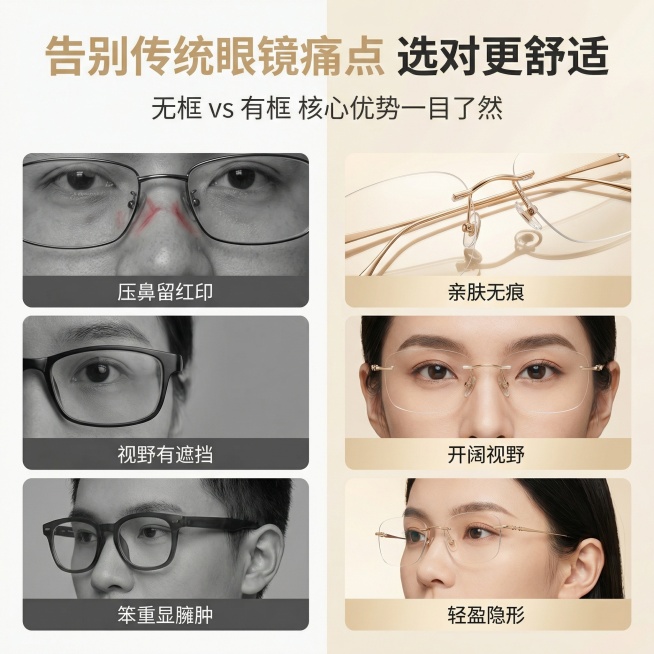8K 超高清商业摄影，1:1 正方形竖版构图，极简轻奢高级感杂志风排版，画面采用左右分屏对比排版，左侧为传统有框眼镜的痛点呈现，搭配灰色调画面，标注 "压鼻留红印""视野有遮挡""笨重显臃肿" 等痛点预览效果