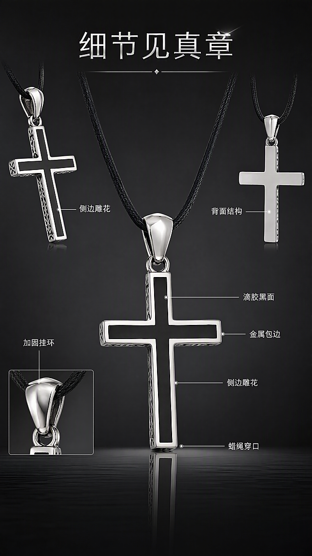 [第3张] 产品解析页-黑银十字架吊坠多角度结构展示。本张使用【图1】作为商品主体。
[氛围/风格] 高级珠宝展示风，深灰背景，冷调金属质感，商业产品摄影。
[元素布局] 画面中央为主视角十字架吊坠正面大图，占比约40%；左上角叠加吊坠侧面45°小图展示侧边雕花；右上角叠加吊坠背面小图展示背部结构；左下角叠加扣头与挂环细节小图；背景为深灰色渐变，底部有反光台面；所有角度的吊坠保持黑银撞色、滴胶黑面、金属包边、侧边雕花结构与输入图一致。
[光影质感] 多光源布光，正面主光突出吊坠轮廓，侧光强调雕花立体感，底部反光台形成柔和倒影，金属边缘有锐利高光。
[配色色系] 全局底色 #2A2A2A 深灰色；主色黑银金属；辅助色深灰背景、银色高光、白色引线标注。
[视角构图] 中心主图 + 四角小图的多视角解析构图，阅读动线从中央主图向四周扩散。
[文字版式] 版式为中心产品 + 引线标注 + 顶部标题。顶部主标题「细节见真章」，银色细黑体居中；从各部位引出细白线标注：「滴胶黑面」「金属包边」「侧边雕花」「加固挂环」「蜡绳穿口」，标注文字为白色小号字；文字不遮挡吊坠主体。
[比例分辨率] 9:16 竖版比例，4K 分辨率，文字清晰可辨，高清画质。
[负向提示词] 吊坠变形，缺件错件，颜色偏差，水印，文字错乱，产品图模糊，结构错误。