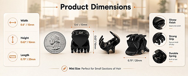 [商品] 使用【图3】的黑色迷你小抓夹；保留抓夹的亮面黑色、爪形结构、尺寸比例、开合状态；商品处理：增强亮面质感与边缘清晰度，保持尺寸比例准确，结构不变形。
[画面] 目标：产品尺寸与细节页，直观展示迷你尺寸与多角度结构。中间产品展示区占60%，左右文字标注区各占20%；画面中央展示抓夹的正面、侧面、开合三个角度，旁边放置一枚25美分硬币(Quarter)作为尺寸参照，用引线标注长宽尺寸；背景为浅米色理发店场景虚化，前景有柔和光影；产品占画面约50%。
[视觉] 套系策略：风格=跨境极简高级商业摄影；标题字=现代无衬线粗体；正文字=简洁无衬线体；主色=暖黑+浅米杏；背景延展=基于浅米杏做深浅层级、同色渐变和细腻纸张/织物质感；强调色=暖橙色，仅用于小面积图标、引线和标签；标题色=深炭黑；正文色=中暖灰；组件=圆角浅底信息卡、细线引线、圆形产品放大框；光影=左前侧暖柔光，柔和自然阴影。
[文字] 顶部居中主标题"Product Dimensions"，下方用引线标注三个尺寸：Width 0.6" / 15mm、Height 0.63" / 16mm、Length 0.79" / 20mm；底部小字说明"Mini Size Perfect for Small Sections of Hair"；文字横向排版，尺寸标注清晰，不遮挡产品主体。
[规格] 图片比例61:25横版，4K分辨率，亚马逊高级A+电脑端；避免变形、错字、文字过小、冷蓝/蓝灰背景、抓夹颜色改变、尺寸比例失真、绝对化宣传语。