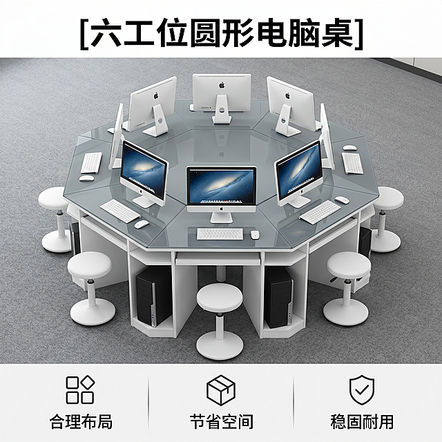 [主图 2] 圆形六工位多媒体电脑桌展示，突出结构设计特点。
[氛围风格] 专业商用办公家具风格，干净整洁展示效果；
[画质] 商业摄影质感、光线柔和通透、产品清晰真实、画面干净高级。
[元素] 浅灰色玻璃面六边形电脑桌居中俯视展示，六个工位均匀分布，每工位放置一体机电脑键盘鼠标，桌下放置主机和升降圆凳，灰色地毯背景。保持产品外观（物理结构、材质质感、颜色）与输入图片一致，杜绝任何变形和色差，精细化处理。商品主体占比严格控制在 60%-80% 之间，画面满屏无边框。
[光影] 顶侧均匀布光，整体光线均匀，突出产品轮廓和结构，阴影柔和不生硬，产品各部位清晰可见。
[配色] 主色调浅灰桌面搭配白色框架，灰色背景衬托产品主体。
[视角构图] 俯视视角，完整展示产品整体布局，画面居中。
[文字版式] 顶部居中主标题 "[六工位圆形电脑桌]" 黑色粗体，底部三列亮点排列：「合理布局」「节省空间」「稳固耐用」，图标加文字排列整齐。
[比例分辨率] 1:1 比例，2k 分辨率；文字清晰锐利，画面超高清。
[负向提示词] 变形，水印，文字错乱，产品图模糊，背景杂乱。