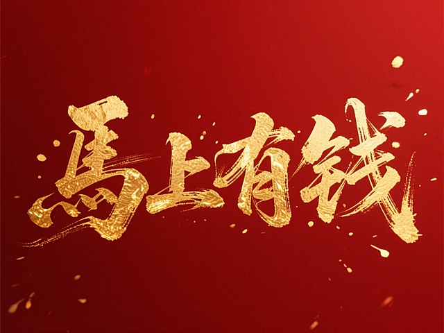 “馬上有钱”横向排列，烫金质感，红金色调，暗红色背景。