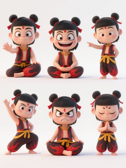 3D动画风格哪吒角色集合，上下两行三列对齐排列，每个哪吒保持相同的Q版可爱造型：黑色双丸子头配红色发带、额头红点、浓黑眉毛，身着红边无袖马甲、深色带火焰纹样灯笼裤与黄色腰带。六个角色姿态各异：左上为单腿屈膝坐姿、右手前伸；中上为盘腿坐地、咧嘴大笑；右上为直立侧身、左手前指；左下为单腿站立、右手高举；中下为盘腿坐地、瞪眼怒视；右下为双手合十、表情平静。所有角色置于纯白色浅色背景上，整体构图平衡对……预览效果