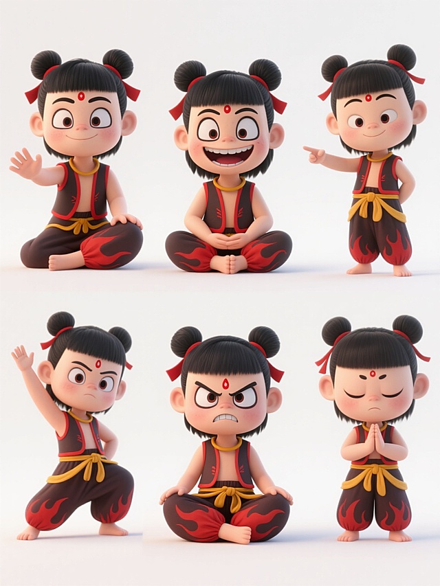 3D动画风格哪吒角色集合，上下两行三列对齐排列，每个哪吒保持相同的Q版可爱造型：黑色双丸子头配红色发带、额头红点、浓黑眉毛，身着红边无袖马甲、深色带火焰纹样灯笼裤与黄色腰带。六个角色姿态各异：左上为单腿屈膝坐姿、右手前伸；中上为盘腿坐地、咧嘴大笑；右上为直立侧身、左手前指；左下为单腿站立、右手高举；中下为盘腿坐地、瞪眼怒视；右下为双手合十、表情平静。所有角色置于纯白色浅色背景上，整体构图平衡对称，角色细节清晰，色彩明快，保持统一的3D卡通渲染质感与光影效果。