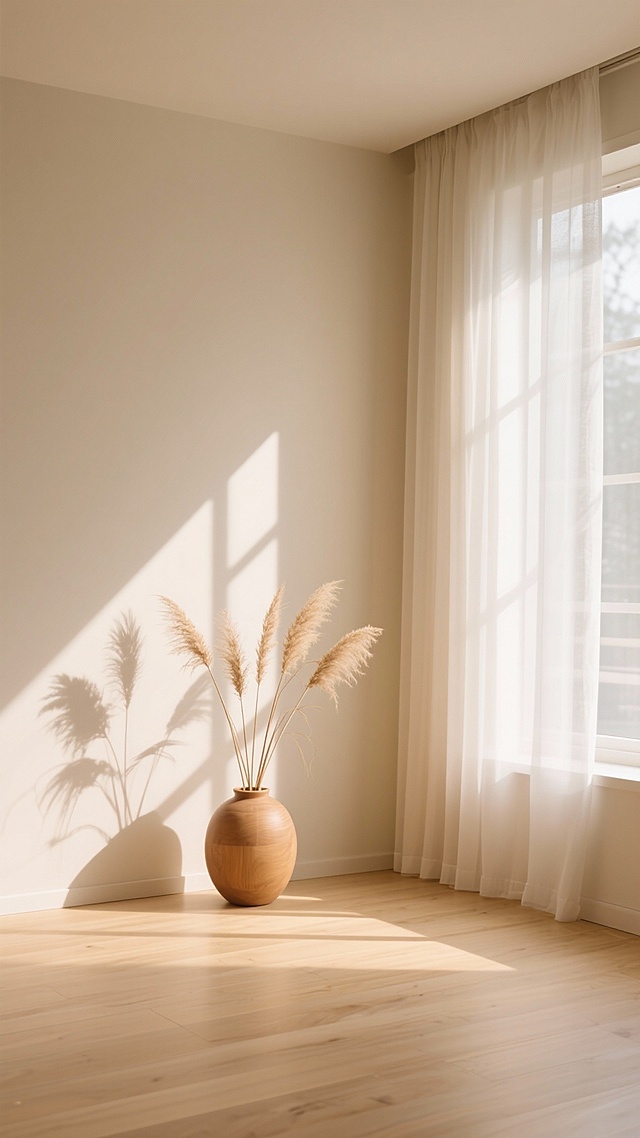 极简主义室内场景，柔和的暖米色墙面与浅色木地板，左侧垂落着半透明的白色纱帘，阳光透过窗户在墙面和地面投射出清晰的几何形状光影图案，墙角处放置一个圆润的浅棕色木质花瓶，瓶中插有干枯的芦苇状植物，整体色调为统一的米白色、浅木色和淡黄色，光线明亮柔和，营造出宁静、温暖、自然、简约的氛围，高清晰度，写实摄影风格，细腻的材质纹理，柔和的阴影过渡，通透的光线感。