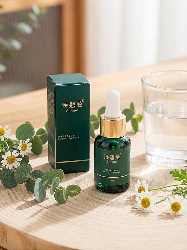 保持精油瓶和包装盒的产品原样、Logo文字不变、物理结构不变，背景替换为浅色原木桌面，搭配尤加利叶、白色小雏菊、玻璃水杯，柔和的自然光从侧面照射，整体氛围清新自然，北欧ins风，色调明亮柔和，保留主体底部的自然接触阴影