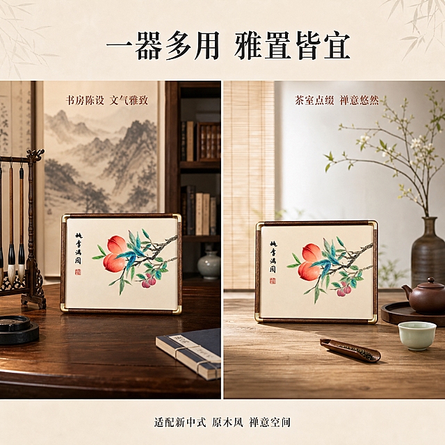 [主图-3] 风格搭配与场景陈列图，展示湘绣摆台在不同新中式空间中的搭配效果，体现其百搭雅致的装饰属性。
[统一基调] 新中式雅致风格，整体色调以米白、浅木色、黛青色为主，暖金色点缀；背景为新中式风格空间，柔和的自然光，字体采用宋体类衬线字体，标题字色为深墨色，辅助字色为赭石色，强调色为朱砂红；整体氛围静谧雅致，充满东方文人气息。
[画面] 采用左右分屏式场景对比构图，左侧场景为新中式书房：湘绣摆台放置在深胡桃木书桌上，旁有毛笔架、砚台、线装书，背景是水墨山水画与木质书架；右侧场景为茶室茶空间：湘绣摆台放置在原木茶桌上，旁有紫砂壶、青瓷茶杯、茶则，背景是竹帘与禅意插花；两个场景中的产品均为同一湘绣桃李满园摆台，外观完全一致，主体清晰；每个场景中产品占比约40%，场景氛围自然真实。
[光影质感] 两个场景均采用柔和自然光，书房场景光线偏暖黄，茶室场景光线偏清透；产品在各自场景中光影自然，有真实接触阴影，融入感强；商业摄影级高清质感。
[配色] 左侧书房场景：深胡桃木色+米白+水墨灰；右侧茶室场景：原木色+竹青+米白；产品本身的红、绿、木色在两个场景中均和谐搭配。
[文字版式] 画面顶部居中放置主标题“一器多用 雅置皆宜”，大号宋体深墨色；左侧场景上方标注“书房陈设 文气雅致”，小号赭石色；右侧场景上方标注“茶室点缀 禅意悠然”，小号赭石色；画面底部居中放置辅助文案“适配新中式 原木风 禅意空间”，小号深墨色。
[输出要求] 1:1正方形比例，产品在两个场景中外观一致且清晰，场景氛围真实自然，文字清晰可读；负向：禁止产品变形、颜色偏差、场景违和、文字错字、画面杂乱、水印、平台Logo。