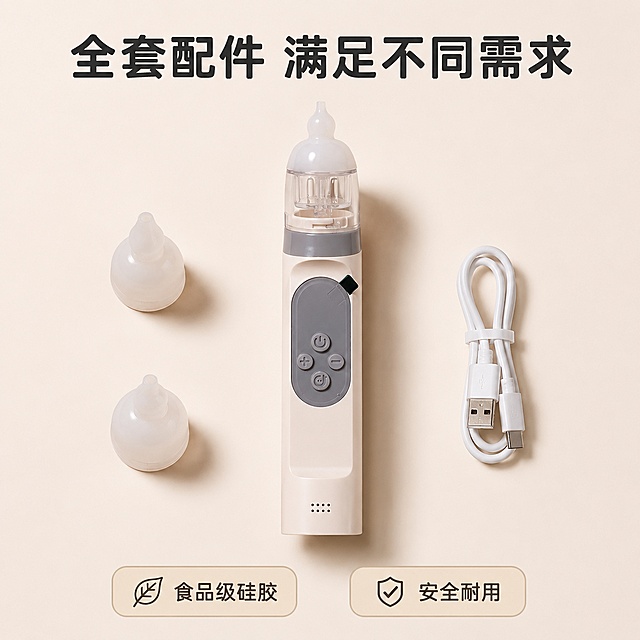 [主图-5] 电动吸鼻器产品配件全家福展示；氛围风格整齐通透，清晰明了，干净高级；画质要求商业棚拍质感，光线均匀清晰，产品细节真实；主机+不同规格硅胶吸头+充电线整齐平铺在浅米背景上，阶梯式陈列，所有配件清晰展示，主品主机放在C位突出。保持主机外观结构颜色和输入产品图绝对一致，无变形色差。布局整齐，留白充足，每件产品都清晰可见；光影为均匀顶侧柔光，每件产品都有柔和阴影，层次清晰不杂乱；配色浅米背景，配件和主机颜色和原图保持一致，整体统一柔和；视角构图为俯视平铺构图，所有配件完整展示，分区清晰；文字版式顶部大标题 "全套配件 满足不同需求"，大号圆润黑体；底部居中排列两个圆角服务标签："食品级硅胶" "安全耐用"，风格和前面主图保持统一；比例1:1，分辨率4k；文字清晰，画面超高清；负向提示词：变形，文字错乱，产品模糊，背景杂乱，水印，电商平台Logo，乱堆砌配件，遮挡主体