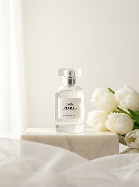 一张法式奶油风的香水商品场景图，主体是透明玻璃瓶装香水，放置在暖白色磨砂大理石展台上，保持瓶身通透液体清澈，突出展示产品。使用商业高调摄影，柔和漫射光从左侧射入，画面右侧点缀带露珠白色郁金香，前景虚化预览效果