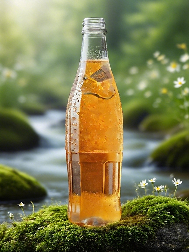 特写主体放置在长有苔藓的石头上，背景是朦胧的绿色调，点缀白色小花和溪水。