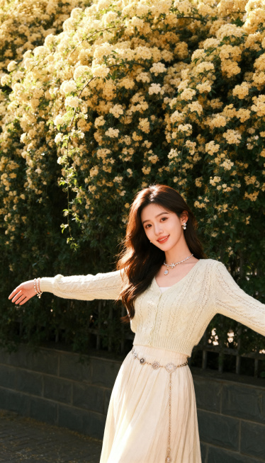 春日时尚穿搭全身照摄影：年轻女性穿着浅色系春装，质感针织面料搭配优雅长裙，搭配精致春日饰品，站在花墙花海前景，自然舒展的姿态，金色柔和阳光，时尚杂志风格，高级质感，专业时装摄影，浅景深效果，清新高级春预览效果