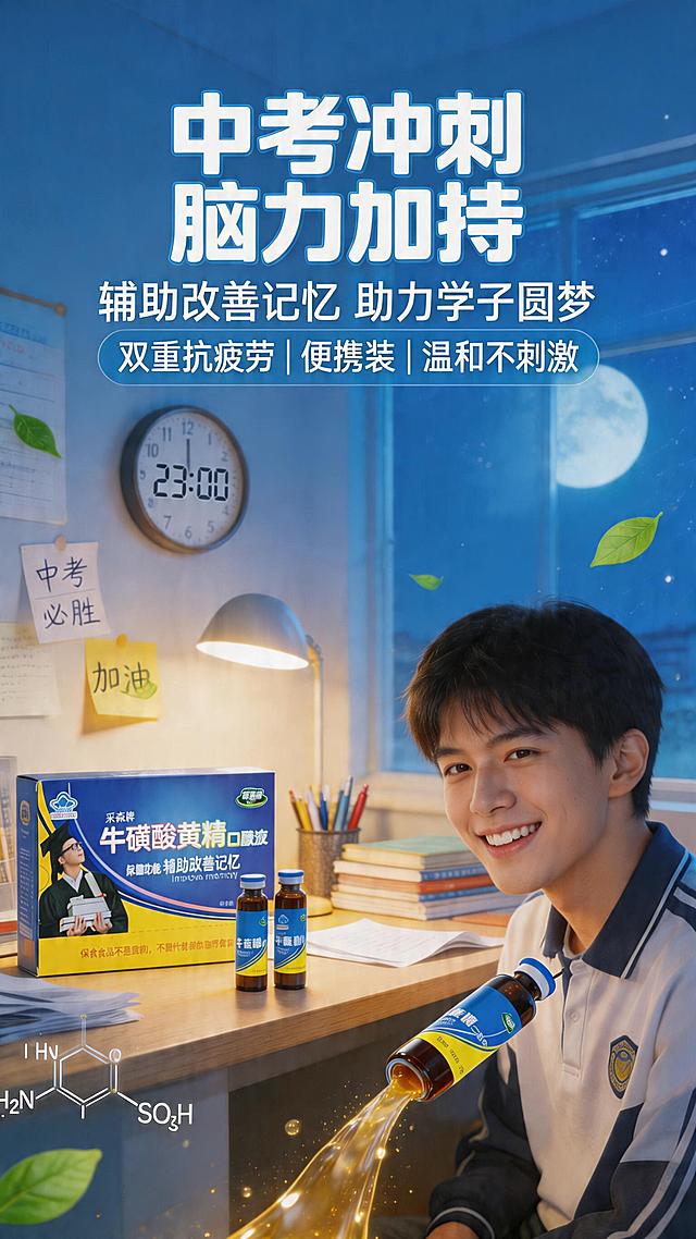 修改这张采森牌牛磺酸黄精口服液产品海报：1. 人物改为学习中途喝口服液补充能量后开心的状态；2. 尽可能放大产品包装盒和口服液内支的展示尺寸；3. 去掉画面中的两个品牌logo，保留原有文案主标题"中考冲刺 脑力加持"，核心卖点"辅助改善记忆 助力学子圆梦"，功能要点"双重抗疲劳 | 便携装 | 温和不刺激"。延续品牌蓝黄专业调性，主色深蓝，辅色明黄，点缀草珊瑚绿。保持现代风格，场景真实，竖版比例9:16。保留原场景：夜晚书桌，台灯暖光照射书桌，窗外冷色月光，口服液瓶身有高光反射；书本纸张微微飘起，牛磺酸分子结构和黄精叶片半透明飘散；墙上贴着励志便签，时钟指向23:00，笔筒里插满笔；口服液倾倒流出金色能量光点。