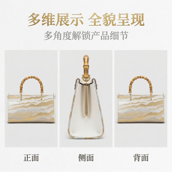 基于原图产品，新中式国风鎏金山水织锦提花手提包分三格并列展示，第一格展示正面，第二格展示侧面，第三格展示背面，每个视角下方标注对应名称（正面/侧面/背面），统一光影与构图，严格保留产品所有细节。尺寸比预览效果