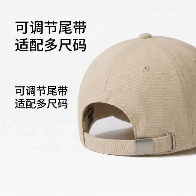 [主图4：背面调节带展示] 米色软顶刺绣棒球帽，展示帽子后侧可调节尾带设计，干净浅灰背景，光线均匀展示整体版型和调节结构，背景铺满全屏无边框。文字版式：左侧文案“可调节尾带 适配多尺码”，字体黑色无衬预览效果