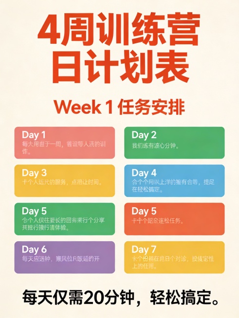 创建一个竖版长方形（3:4）的信息图表，背景颜色使用米色（#FFF8DC）。标题：“4周训练营日计划表”使用大号字体（#FF4500）。展示Week 1的具体任务安排，Day 1–7 每天的任务用不同预览效果