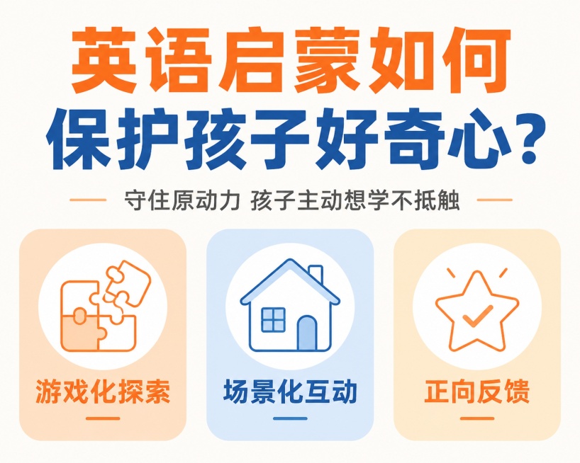 精确尺寸横版扁平风育儿科普封面信息图，适配今日头条信息流展示。画面上半区为醒目主标题："英语启蒙如何保护孩子好奇心？"，副标题小字标注："守住原动力 孩子主动想学不抵触"；下半区横向均匀排布三个圆角信预览效果