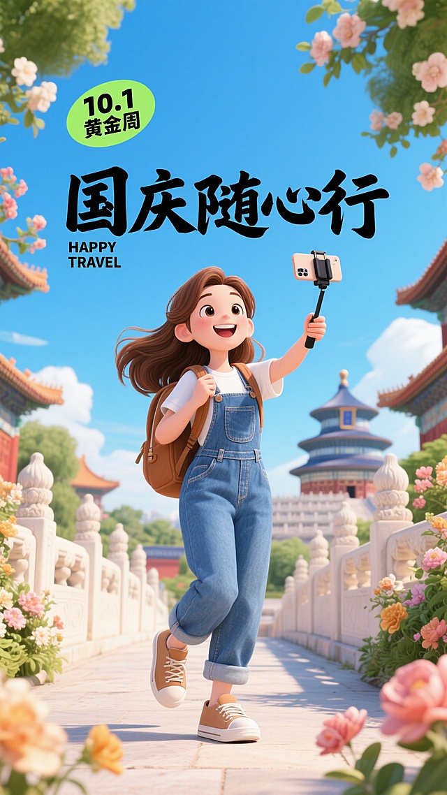 软3D风卡通女孩在国潮建筑间自拍，清新梦幻，国庆黄金周主题，充满可爱与旅行乐趣。