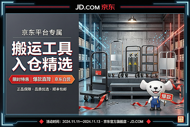 京东大促主KV海报，京东平台专属，工业仓库极简风，同时兼具促销活动氛围感；深色工业仓库背景，干净水泥墙面+金属货架，点缀少量蓝色/红色线条光效与动态粒子；画面左侧为白色京东品牌文字，下方是醒目的立体发光大字标题"搬运工具 入仓精选"，标题下方搭配红色渐变横幅，标注促销信息"限时特惠/爆款直降/京东自营"，文字边缘带轻微投影与发光效果，增强视觉冲击力；文案风格模仿参考图，画面右侧是3D渲染的五款手推车产品，整齐摆放在工业风金属阶梯展台上，包含图二的平板手推车、图三的银色钢板车、图四的气瓶车、图五的双层手推车、图六的摆摊围栏车，产品细节不变，金属/塑料质感真实，表面有轻微反光；画面右下角摆放卡通京东狗（Joy）形象，姿态活泼亲和，尺寸适中不突兀，贴合工业工具调性，可手持小型"爆款"标识牌；冷白色主聚光灯+暖红色辅助光从两侧打向产品，营造舞台式焦点感，地面有产品倒影，增强空间质感；画面点缀简约红色飘带、光效线条、活动标识小元素，既保留工业风的专业极简，又融入电商促销的热烈氛围，同时凸显京东平台属性；整体以黑、灰、金属银为主色调，红/蓝为点缀色，无多余杂物，干净利落；构图左右平衡，产品光影细腻，文字排版清晰突出，京东狗形象与整体画面协调统一，画面无水印无瑕疵，4K超清，商业摄影级渲染，电商海报标准尺寸，兼具专业工业质感、促销活动热闹氛围感与京东平台辨识度，视觉冲击力强