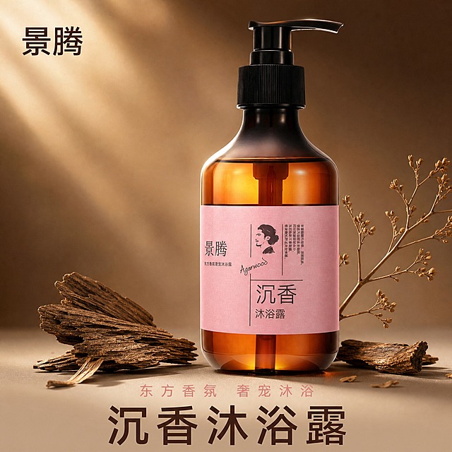 [主图-1] 首图品牌调性 沉香沐浴露高级静物展示。
[统一基调] 整体风格为东方禅意高级质感，背景主色为暖棕渐变搭配柔雾感，标题字色为深棕色，辅助字色为豆沙粉，强调色为暖金色，字体为干净非衬线体，字号层级分明，卡片和图标采用极简细线风格。
[画面] 产品瓶身居中偏右放置，占画面约60%，正面完整展示不切割。瓶身左侧和下方散落几片沉香木片和少量干枯植物枝条作为点缀。背景为暖棕色渐变柔雾效果，上方有柔和的光束从左上方斜射下来，在瓶身周围形成淡淡的光晕。画面左上角放置品牌Logo区域，写有"景腾"二字。画面下方居中位置有主标题大字。
[光影质感] 高级商业静物摄影质感，柔光箱布光，主光从左上方45度角照射，瓶身琥珀色玻璃呈现通透的光泽和内部液体的温润感，瓶底有柔和的接触阴影，整体光影柔和细腻，突出产品高级质感。
[配色] 背景暖棕渐变，标题深棕色，辅助文字豆沙粉色，点缀暖金色光晕，沉香木片为深褐色，整体色调统一温暖。
[文字版式] 主标题"沉香沐浴露"位于画面下方居中，大号深棕色非衬线粗体字；副标题"东方香氛 奢宠沐浴"位于主标题上方，小号豆沙粉色字体；左上角"景腾"品牌名，字体与主标题一致。文字清晰不遮挡产品主体。
[输出要求] 1080*1080像素正方形，文字清晰可读，产品清晰完整，质感高级。禁止变形、错字、模糊、杂乱、水印、平台Logo。