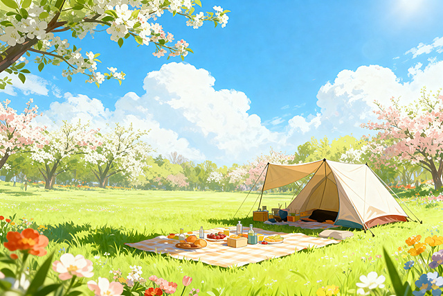 将画面中所有人物去除，保留原有的春日野餐公园风景，保持晴朗蓝天、盛开的鲜花、草坪、帐篷和树木，整体风格保持日系插画不变，画面自然和谐
