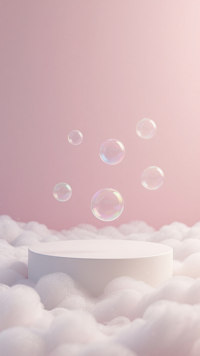 柔和渐变的浅粉色背景，底部铺满蓬松洁白、质感细腻如云朵般的泡沫，中央放置一个简约的白色圆形展示台，上方漂浮着几个晶莹剔透、带有微妙光影折射的透明肥皂泡，整体呈现出清新、纯净、梦幻的沐浴氛围，3D渲染效果，光线柔和均匀，高光与阴影过渡自然，营造出宁静舒适的视觉感受。