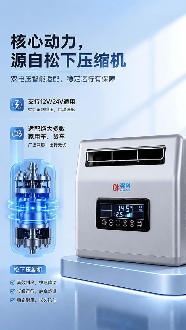 使用商品详情页技能根据商品图「图片1」「图片1」生成详情页，参考图为「图片1」「图片1」「图片1」「图片1」，商品名称为强科车窗式驻车空调，卖点为夏天车内暴晒后闷热难耐，驻车休息、等人时不想频繁启动发动机费油费钱，这款车窗式车载驻车空调就是你的降温好选择。支持12V/24V双电压通用，绝大多数家用车、货车都可以直接适配。核心压缩机选用日本松下产品，品质有保障。从散热风扇、散热风机到蒸发器风机全系列采用无刷电机，我们坚持加大生产成本，全线用纯铜线代替市面多数商家使用的铝线，彻底解决铝线容易老化、热衰减快的痛点，让空调的制冷速度更快，长时间运行工况始终稳定，制冷效果不打折。机身自带高清数显操控面板，温度、电压数值清晰可见，按键操作简单顺手，安装在车窗位置不占用车内活动空间，长途货运驻车休息、节假日自驾露营、日常车内午休都能为你持续输出凉爽冷风，给你舒适的驾乘体验。，适配平台为淘宝/天猫，图片比例为9:16，需求屏数为8张，