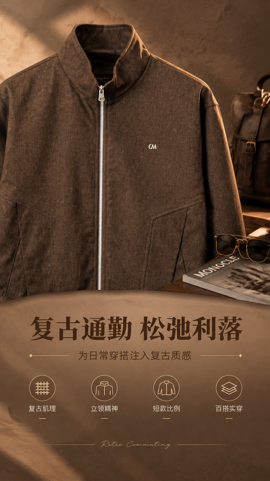 [商品] 使用【图1】复古棕色立领拉链夹克；商品处理：保留立领… - 图片创意预览