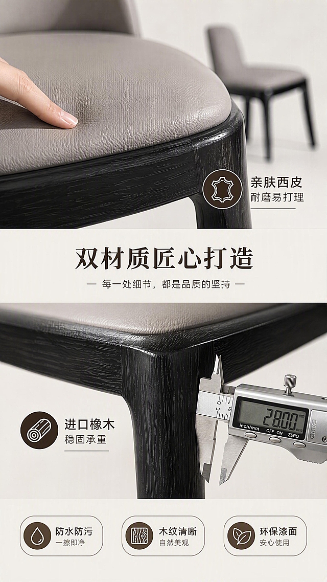 [第3张] 材质解析页-橡木框架+西皮面料细节展示。本张使用【图1】作为商品主体，展示餐椅局部细节。
[氛围/风格] 材质特写风，专业质感，细节清晰，商业摄影级微距质感。
[元素布局] 画面上半部分为餐椅座面西皮面料特写，手指轻触表面展示质感；下半部分为橡木椅腿木纹特写，搭配卡尺测量示意；中间分区展示两种材质；餐椅整体轮廓在背景虚化呈现；保持灰色西皮、黑色橡木材质颜色与原图一致。
[光影质感] 顶光+侧光结合，西皮表面呈现细腻皮革纹理与柔和光泽，橡木木纹清晰可见，细节锐利，阴影柔和。
[配色色系] 全局底色 #F0EDE8（暖灰白）；主色灰色西皮+黑色橡木；辅助色深棕木纹、米色背景。
[视角构图] 上下分区特写构图，上西皮下橡木，中间文字说明区，微距视角。
[文字版式] 中部标题「双材质匠心打造」；上方西皮区域标注「亲肤西皮 耐磨易打理」，配小图标；下方橡木区域标注「进口橡木 稳固承重」，配小图标；底部三个卖点标签「防水防污」「木纹清晰」「环保漆面」。
[比例分辨率] 9:16竖版比例，4K分辨率，文字清晰可辨，高清画质。
[负向提示词] 材质变形，颜色偏差，水印，文字错乱，细节模糊，背景杂乱，结构错误。