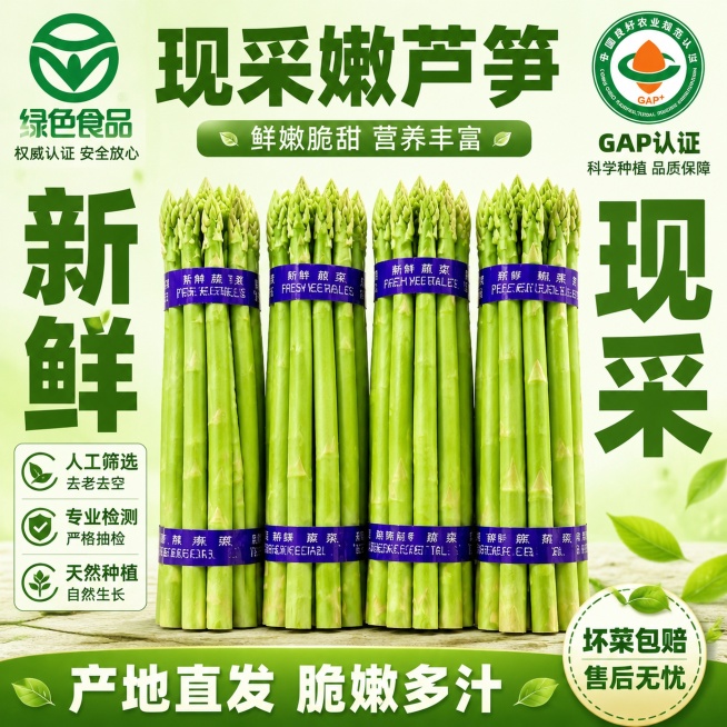 [单张主图] 商品名称 新鲜嫩芦笋 生鲜蔬菜 路线判断为爆款促销感主图，目标适配拼多多平台高点击率转化。
[参考比对] 参考用户提供芦笋产品图，提取核心卖点：新鲜现采、产地直供、人工筛选、天然种植、专预览效果