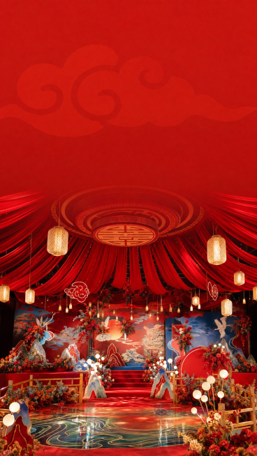 参考原图生成和原图构图一致的中式婚礼现场图，移除所有文字和水印，保留上方红色空白区域，亮化美化画面，保持9:16比例，保留原有云纹暗纹设计预览效果