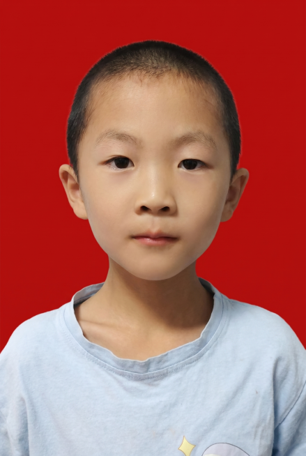 保留原来的浅蓝色带图案T恤，保持小学生正确姿势，维持红底二寸证件照，保留人物原有面部特征，不要修改服装预览效果
