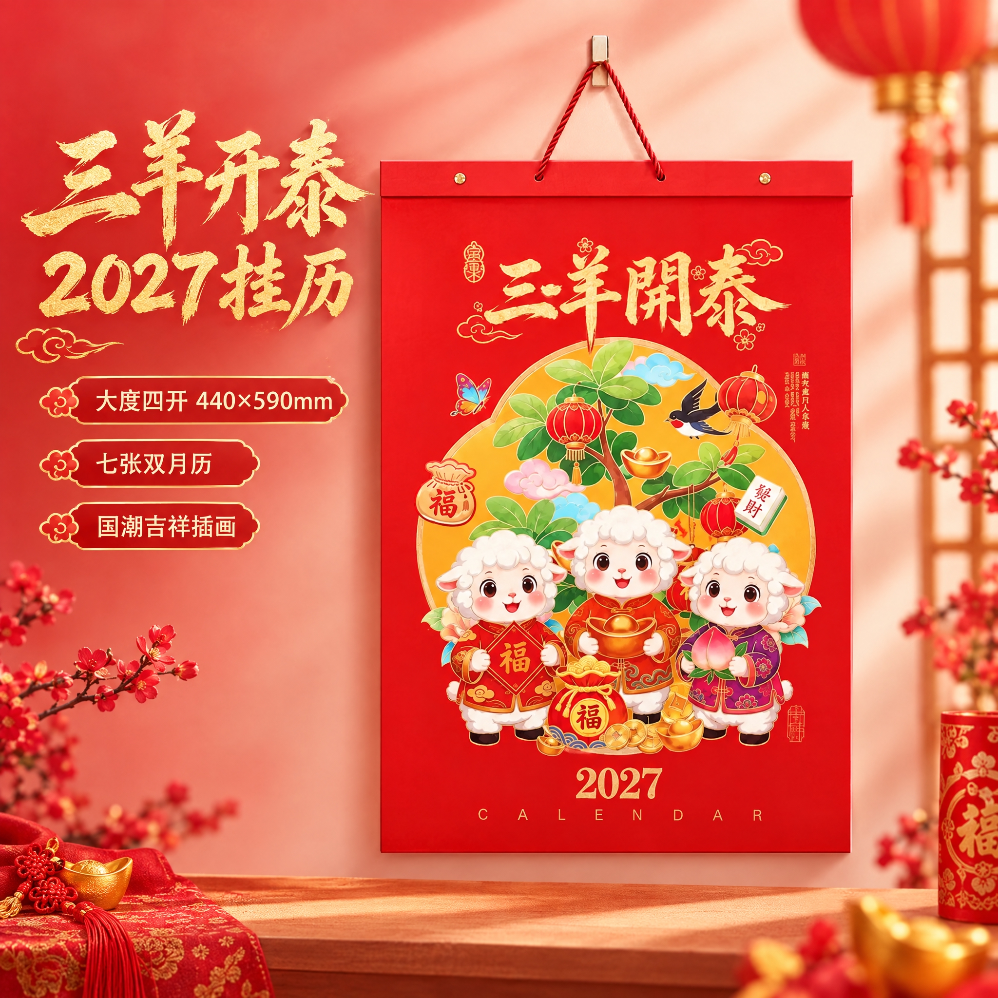 生成三羊开泰款挂历主图。喜庆国潮风格，浅红色渐变背景，温馨喜庆… - 图片创意预览