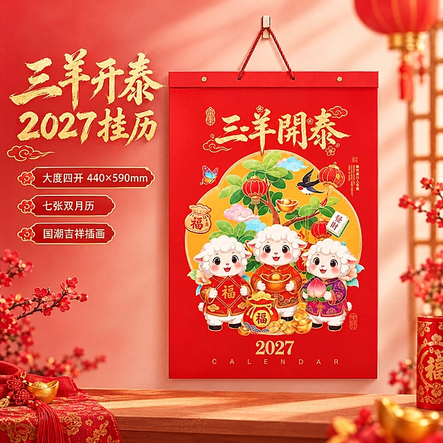 生成三羊开泰款挂历主图。喜庆国潮风格，浅红色渐变背景，温馨喜庆。画面中央展示三羊开泰款挂历，正面悬挂视角，挂历占画面65%，红色挂绳自然悬挂。挂历外观、卡通羊图案、三羊开泰文字、红色封面、颜色结构与参考图完全一致。左上角有金色书法大标题"三羊开泰 2027挂历"，下方三行小字卖点："大度四开 440×590mm""七张双月历""国潮吉祥插画"。商业摄影质感，主光柔和，色彩鲜艳，底部有自然投影。1:1构图，文字清晰，产品完整，无变形错字，无水印无平台Logo。