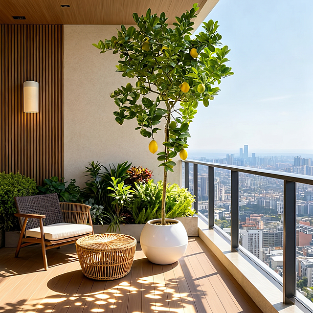 生成一张800*800的柠檬树实景拍摄图，柠檬树种植在白色花盆中，摆放在高层阳台，有休闲藤椅边，背景是城市景观，阳光充足，实景拍摄风格，和参考图内容一致
