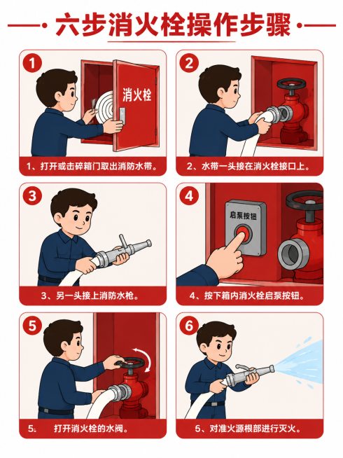 六步消火栓操作步骤教学示意图，卡通扁平风格，安全科普插画，仅保留操作步骤示意图和文字说明，无危险场景：1、打开或击碎箱门取出消防水带。2、水带一头接在消火栓接口上。3、另一头接上消防水枪。4、按下箱内预览效果
