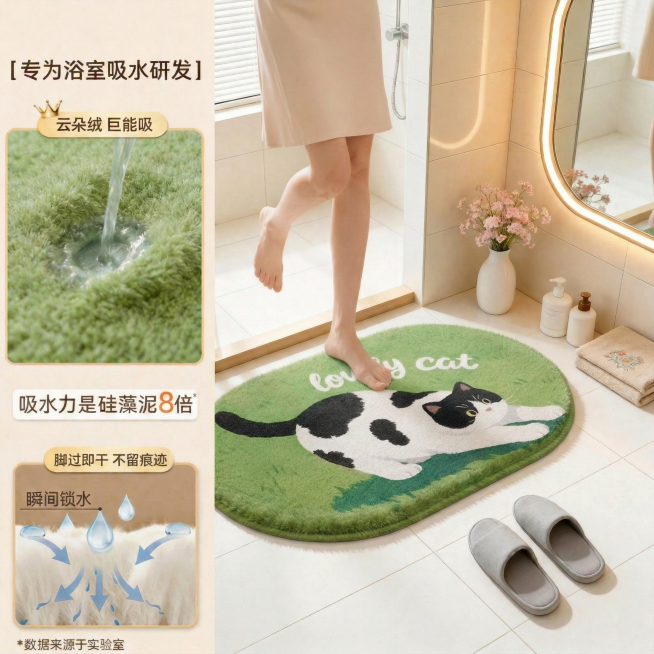 写实商业产品摄影，8K超高清，超精细画质，柔和均匀的暖光浴室环境，画面整体排版、所有元素位置100%固定不变，和参考图完全一致。左侧区域完整保留固定排版的产品卖点标注：顶部是"专为浴室吸水研发"标题，预览效果