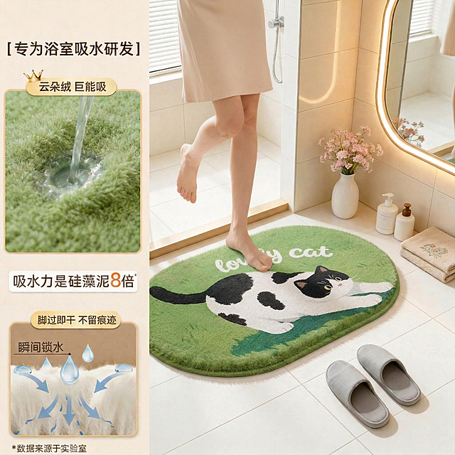 写实商业产品摄影，8K超高清，超精细画质，柔和均匀的暖光浴室环境，画面整体排版、所有元素位置100%固定不变，和参考图完全一致。左侧区域完整保留固定排版的产品卖点标注：顶部是"专为浴室吸水研发"标题，下方依次是带皇冠标识的"云朵绒 巨能吸"绿色毛绒面料水流吸水特写图、"吸水力是硅藻泥8倍"白色文字、带"脚过即干 不留痕迹"标注的瞬间锁水示意图，最底部标注*数据来源于实验室小字，所有元素的内容、字体、大小、位置、色彩完全不变。右侧浴室场景完整还原固定背景：带暖光发光灯带的圆角浴室镜、白色陶瓷花瓶插着粉色花束、白色+棕色按压式洗护分装瓶、刺绣浅棕色毛巾、浅灰色居家拖鞋、淋浴区银色花洒、米白色哑光瓷砖墙地面、窗户白色百叶窗，整体暖调柔和光影、色彩氛围完全不变。保留原参考图的女性人物，人物的姿态、米色半身裙款式、腿部比例、光影质感、在画面中的位置完全不变；人物脚下固定位置，替换为一块椭圆形绿色仿羊绒地垫，地垫完整还原参考图图案：正面完整的黑白奶牛猫趴卧伸懒腰图案、完整的白色英文"lovely cat"字样，地垫的大小、摆放角度、位置和原参考图地垫完全一致，人物踩地垫位置不变。要求：地垫与人物、背景融合自然，光影过渡真实统一，无拼接违和感，无图案变形，无文字缺失，无元素错位，整体风格、画质、色调、排版完全统一。