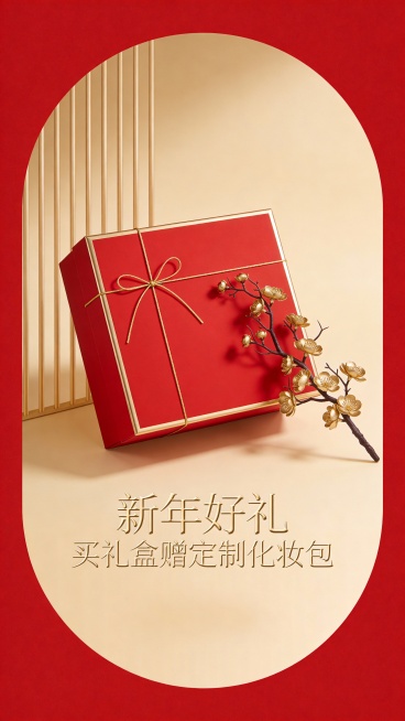 竖版极简春节化妆品礼盒促销海报，红金高级配色，画面中心是哑光金边框的红色化妆品礼盒，盒身系着细款烫金丝带，礼盒旁斜放1枝迷你烫金梅花，背景是纯净哑光红底，底部用金色字体写“新年好礼 买礼盒赠定制化妆包预览效果