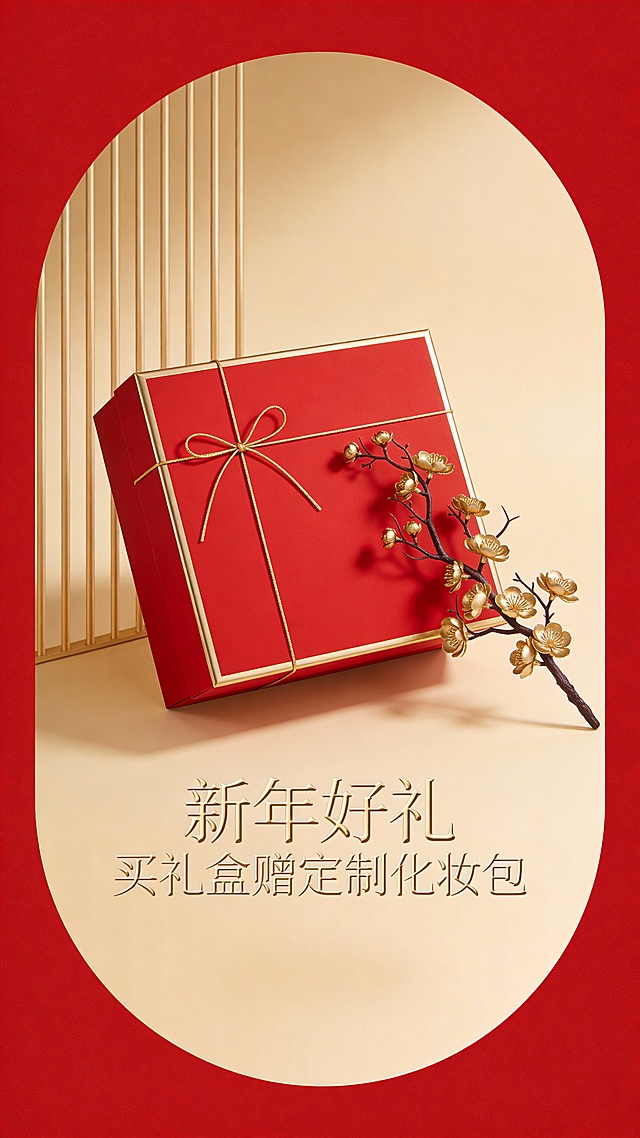国潮风礼盒，鎏金浮雕梅花点缀，重拟物设计呈现中式奢华，喜庆红金配色尽显新年氛围。